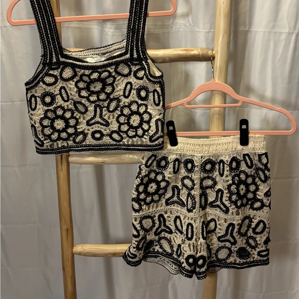 Rebellion: Black & Cream Crochet Knit Crop Top and Shorts Set - A Versatile Outf - Picture 6 of 13